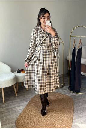 Dilara Güneş Butik EKOSE KEMERLİ PİLELİ ELBİSE