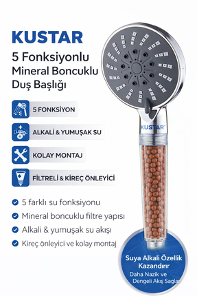 KUSTAR 5 Fonksiyonlu Mineral Boncuklu Duş Başlığı – Alkali & Yumuşak Su Tekno...
