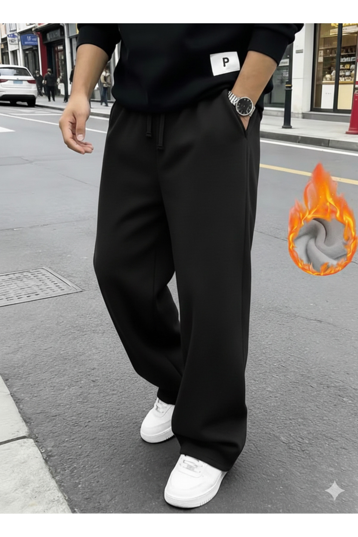 CAONNES  Erkek Oversize 2 Adet Kışlık İçi Pamuklu Siyah ve Gri Bol Kesim Bağcıklı Kalın Kumaş Eşofman Altı - Görsel 2