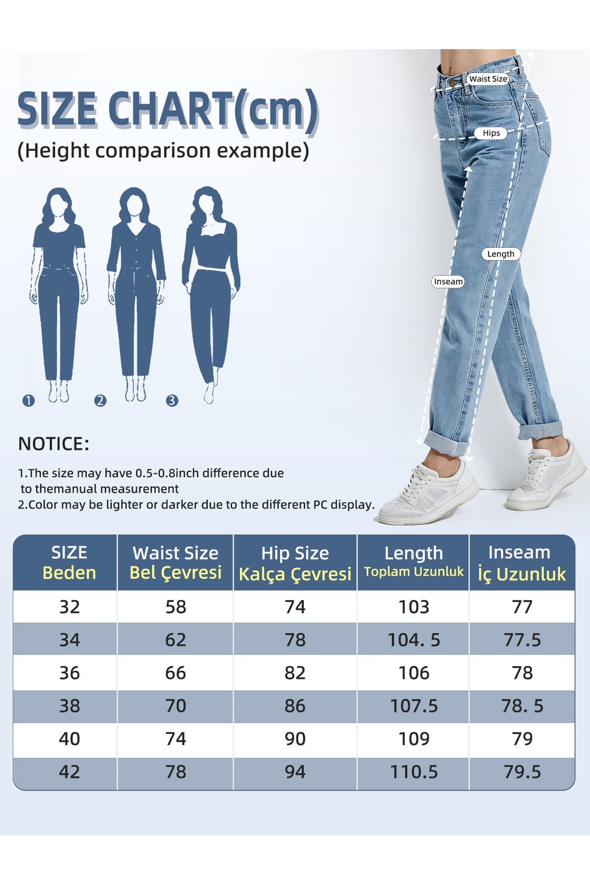 Shevadne  Kadın Yüksek Bel Mavi İspanyol Paça Jean Pantolon Retro Günlük Dört Mevsim - Görsel 6