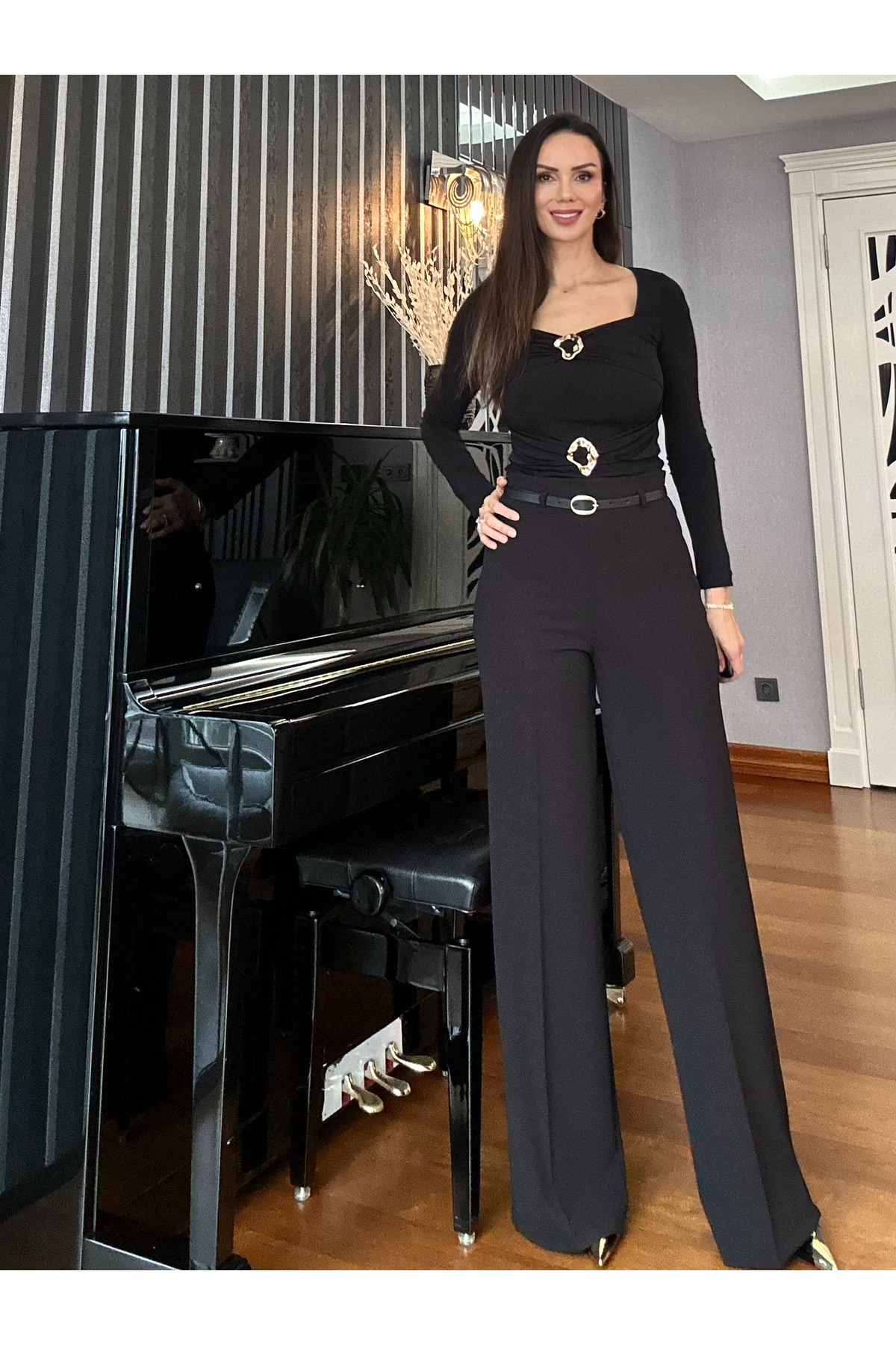 Atelier Derin  Siyah Kemerli Yüksek Bel Geniş Kesim Pantolon - Görsel 6