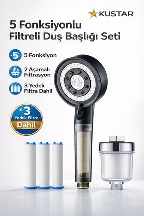 KUSTAR Filtreli Duş Başlığı Seti | 3 Yedek Filtre + Harici Su Arıtma Aparatı ...