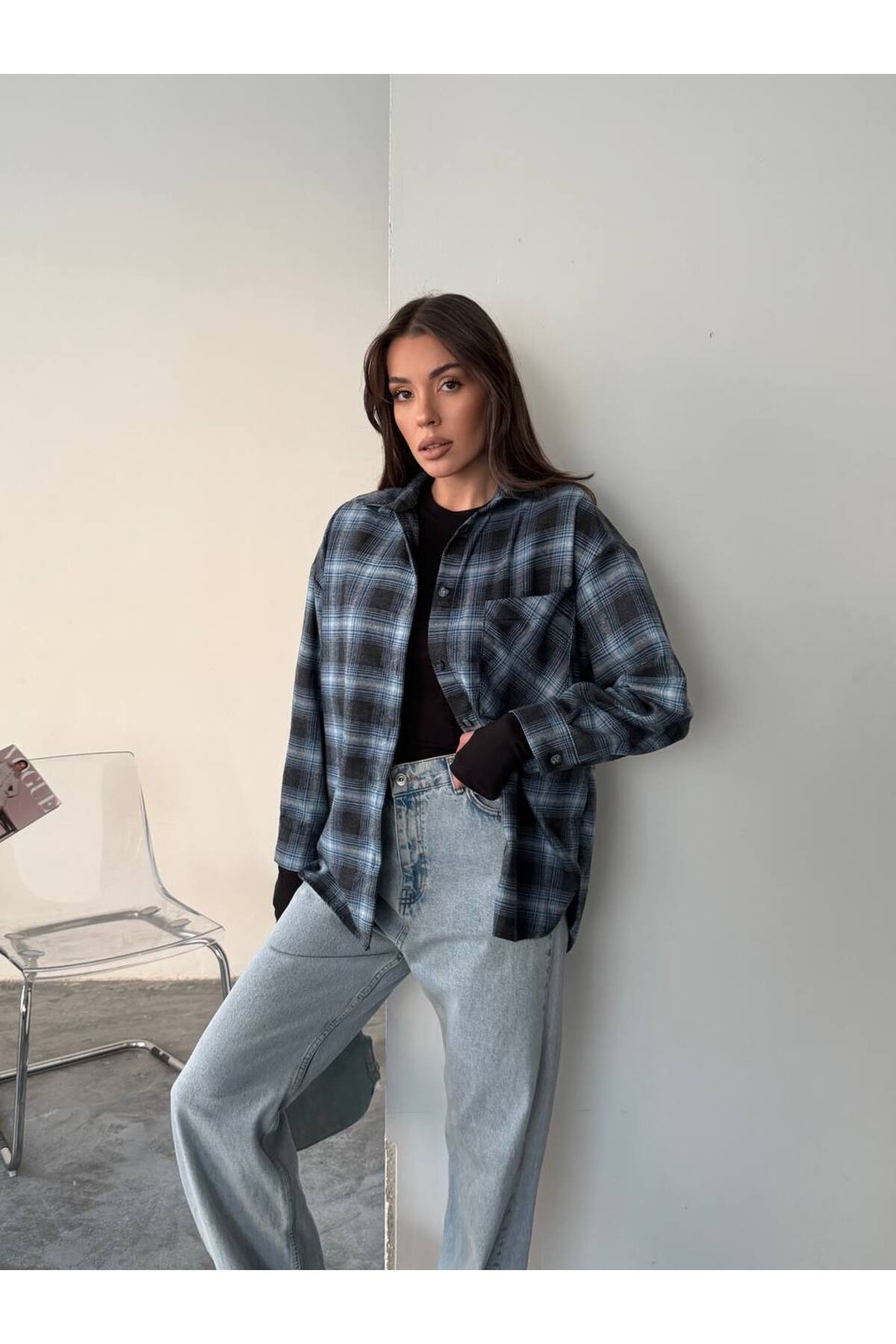 İLKCET MODA  Ekose Desenli Bol Kesim Kadın Gömlek - Görsel 3