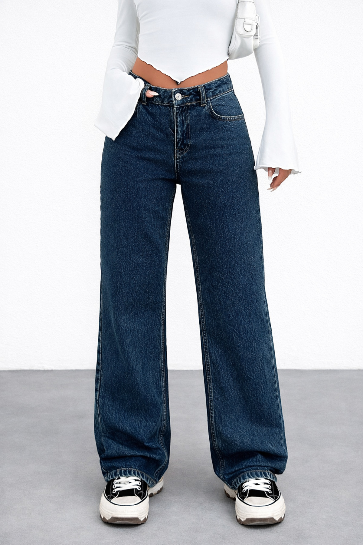 Polo State  Kadın Normal Bel Geniş Paça Yıldız Nakışlı Lacivert Jean Pantolon - Görsel 4