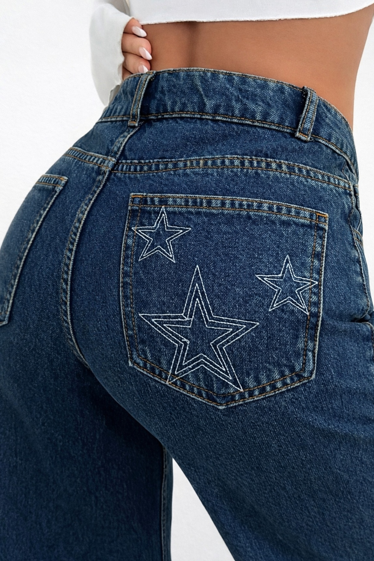 Polo State  Kadın Normal Bel Geniş Paça Yıldız Nakışlı Lacivert Jean Pantolon - Görsel 3