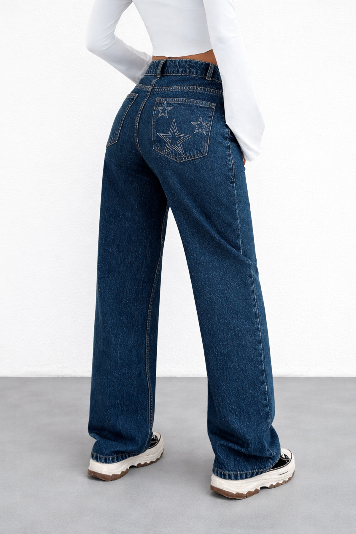 Polo State  Kadın Normal Bel Geniş Paça Yıldız Nakışlı Lacivert Jean Pantolon - Görsel 7