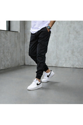 Gür Kargo Cepli Erkek Siyah Pantolon Bel Lastik Paça Lastik Likralı