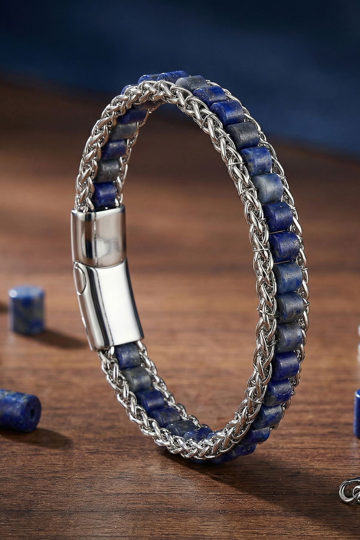 Men Women Blue Lapis Stone Mesh Steel Cord Natural Stone Bracelet
