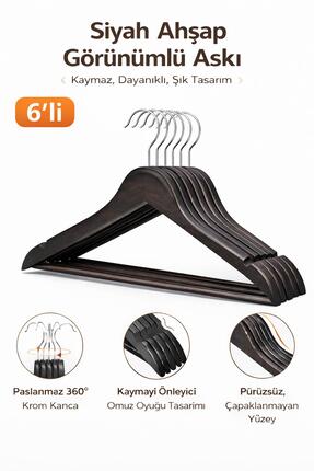 Dory 6 Adet Ahşap Görünümlü Elbise Ve Kıyafet Askısı - Siyah Askı