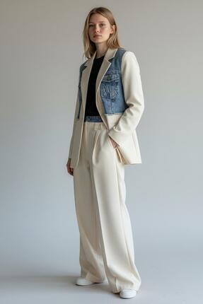 gzar Ekru Denim Garnili Blazer Ceket ve Pantolon Takımı