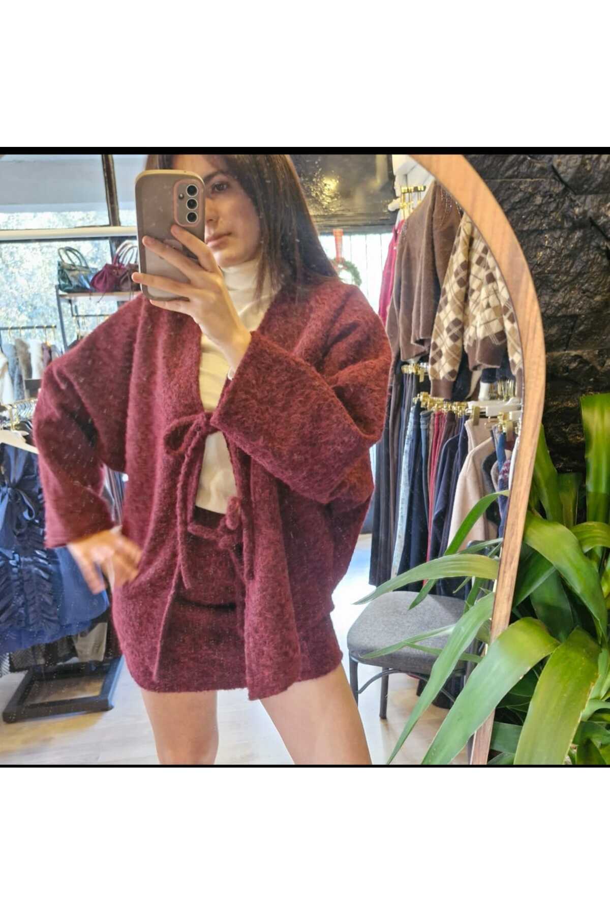کت و شلوار دامن کت جلو کراوات Claret Red 3