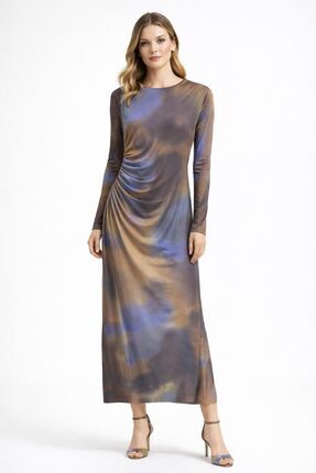 Charly Butik Batik Desenli Tül Yan Büzgülü Likralı Uzun Elbise