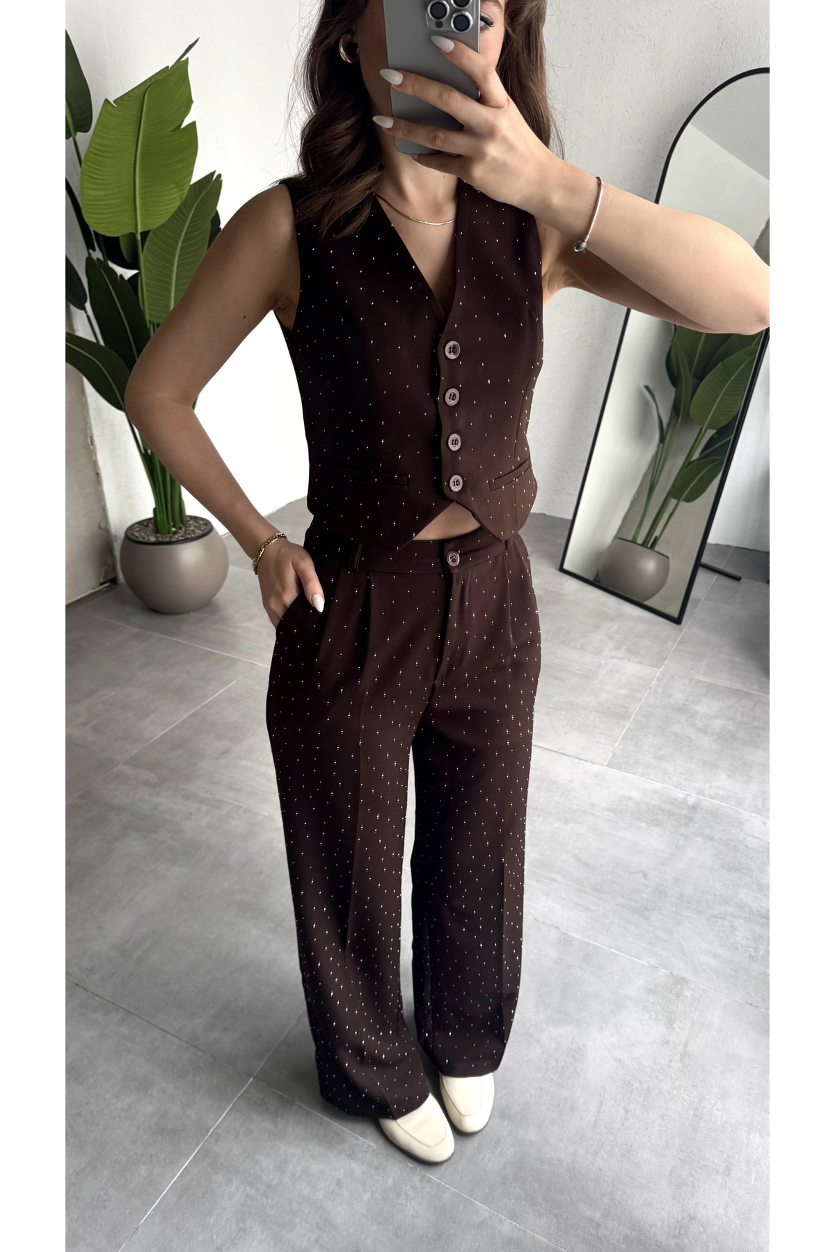 asfamoda  Kadın Kahverengi Taşlı Pırıltılı Yüksek Bel Bol Paça Pileli Palazzo Pantolon - Görsel 7