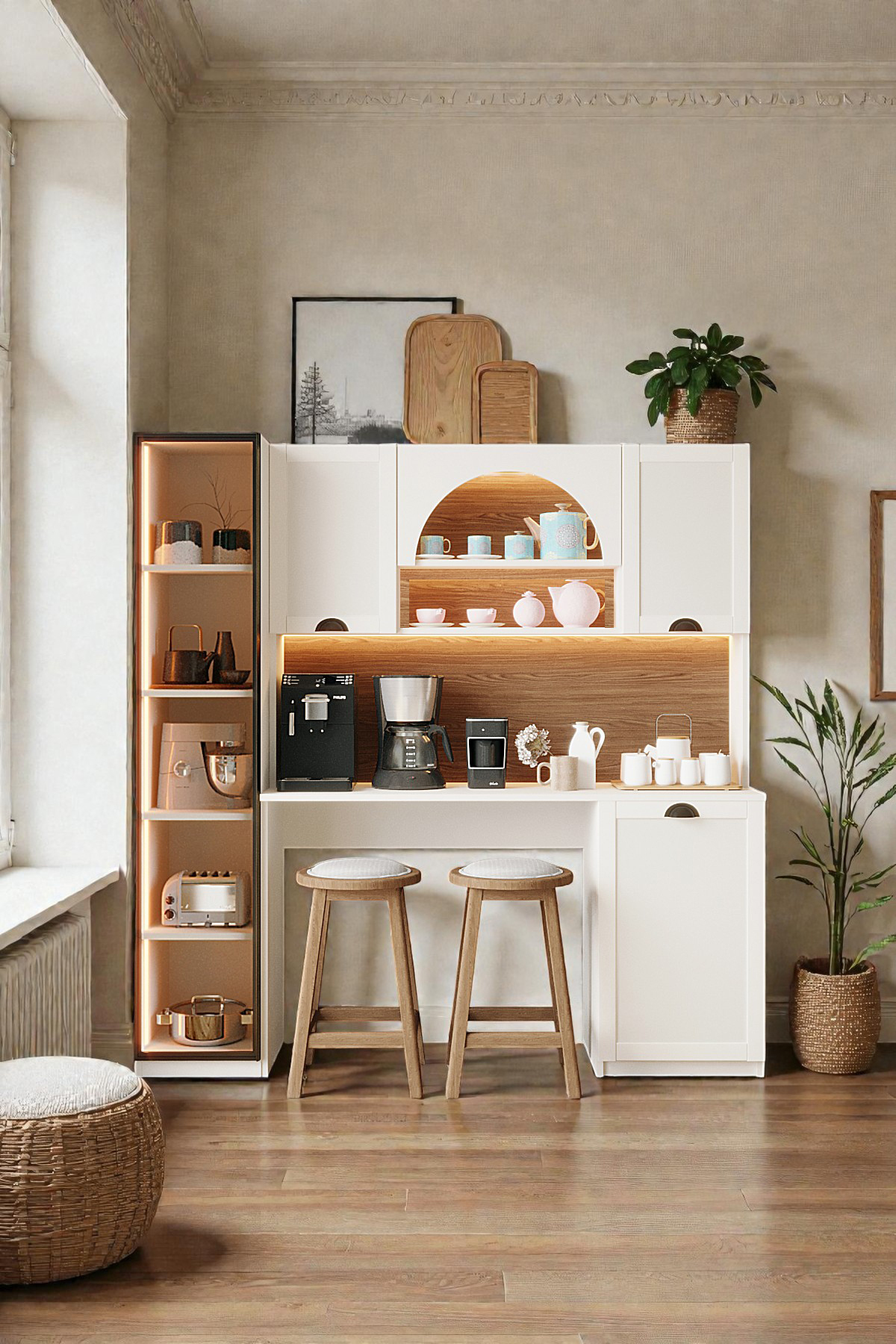 Santa Coffee Corner Bohemian Bar table Multi-Purpose Cupboard with LED Light +Single Glass Lid