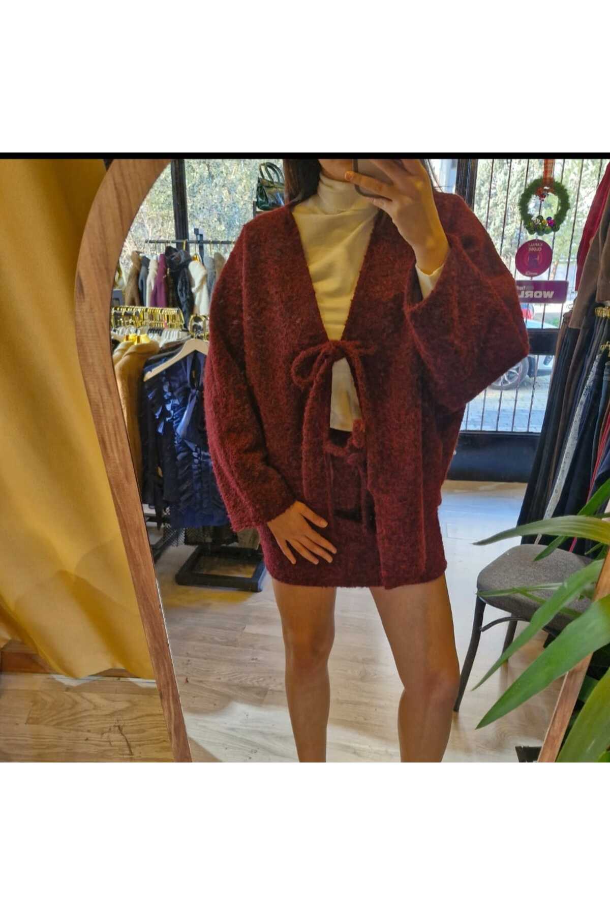 کت و شلوار دامن کت جلو کراوات Claret Red 5