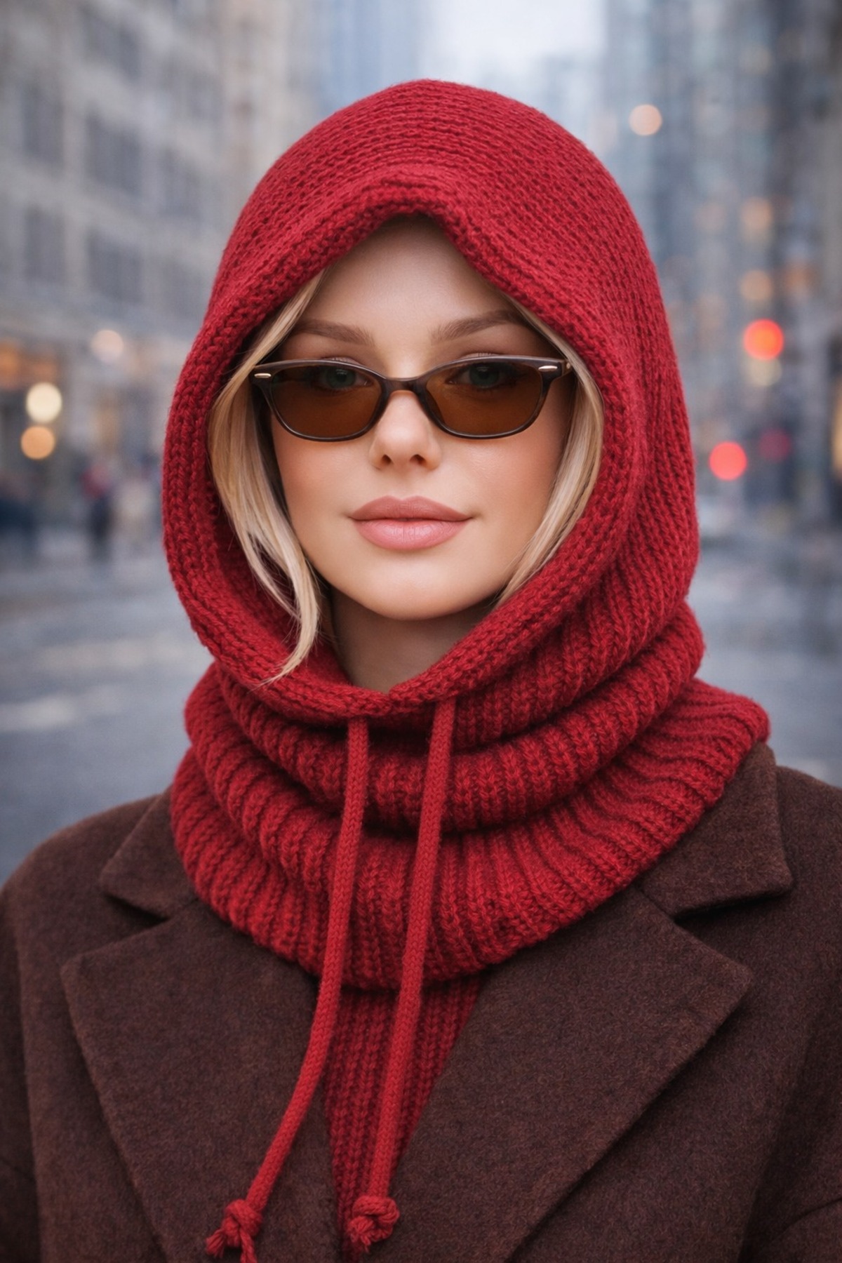 Red Knit Knit Balaclava Women Beanie Hat Neckband Winter