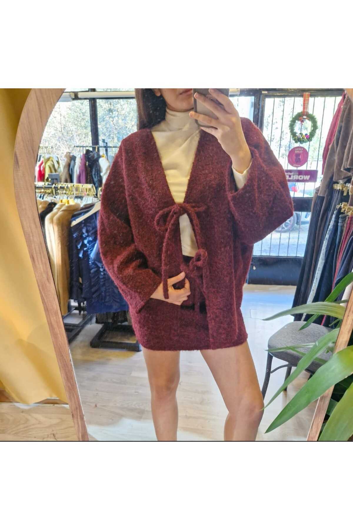 کت و شلوار دامن کت جلو کراوات Claret Red 4