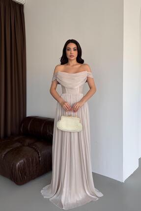 Serica Moda Taş Kayık Yaka Pliseli Abiye Elbise