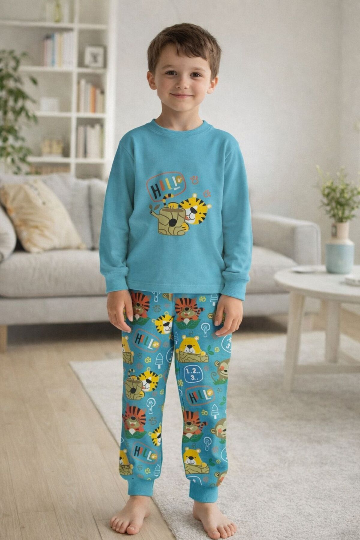 Numix Baby Kids Child-Baby Printed Interlock Fabric Long-Sleeved, Elasticized Leg Pajama Set, 100% Cotton