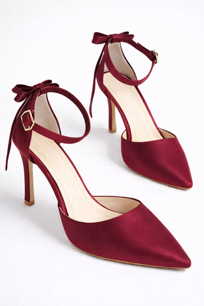 CRAFT MODA Kadın Saten İnce Topuklu Fiyonklu Bilekten Bağlamalı Sivri Burun S...