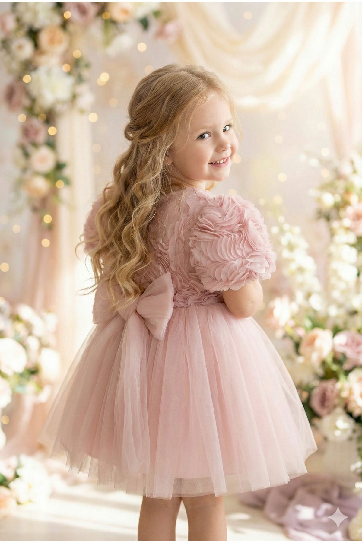 ALYRA Kız Bebek Elbise Kısa Kollu 3D Güllü Tüllü Tütü Fiyonklu Doğum Günü Parti Özel Gün Kız Çocuk Elbise fotoğrafı 2 (önizleme)