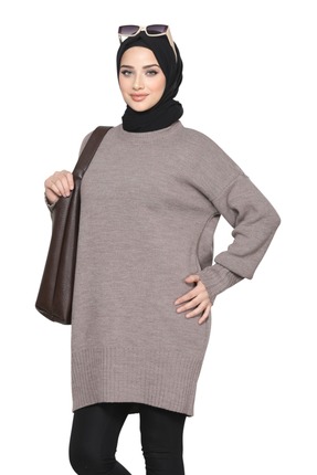 Kırlangıç Moda Vizon Oversize Bisiklet Yaka Kadın Triko Tunik