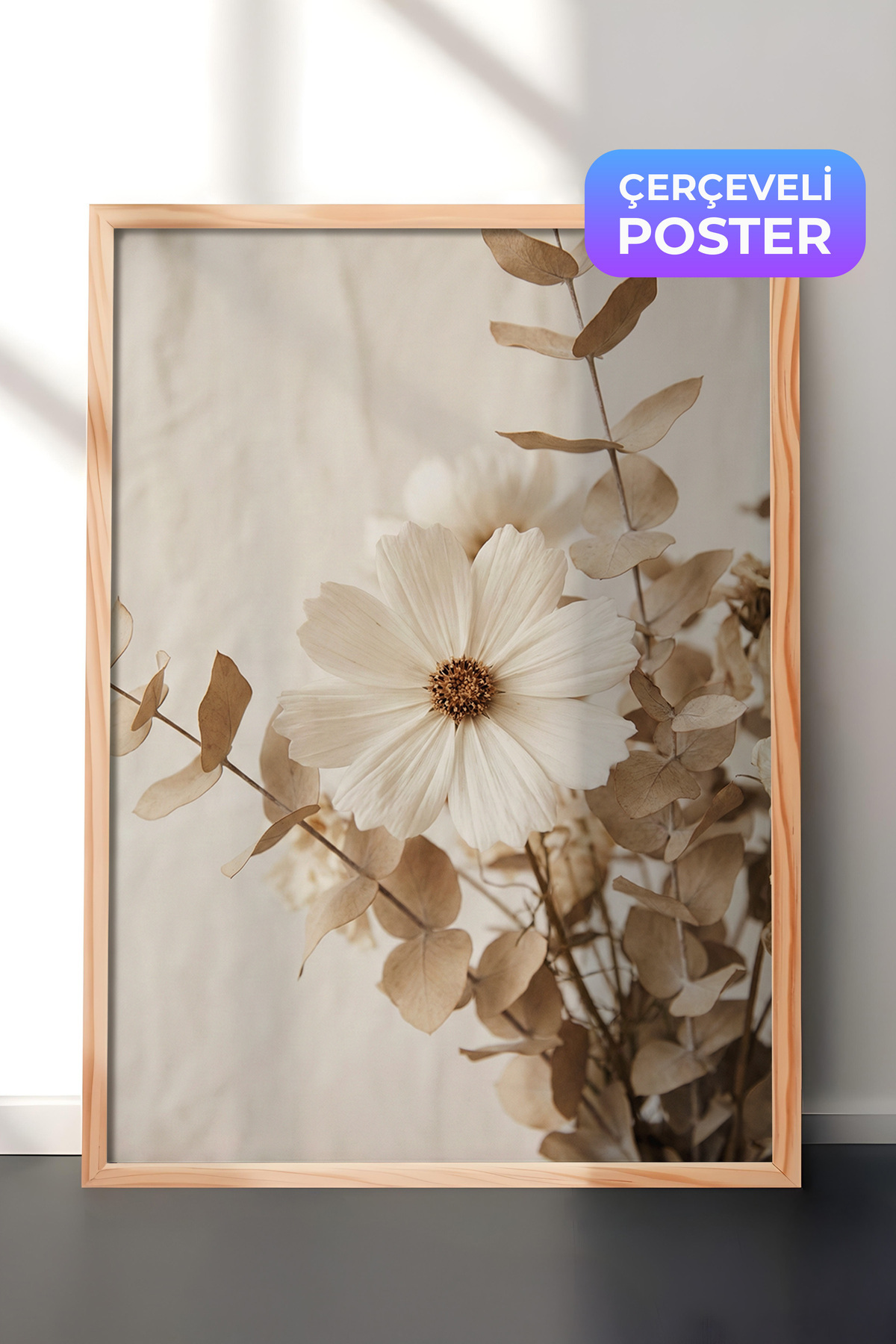 Wooden Framed Wall Table Cream Tone White Flower and Eucalyptus Neutral Botanical Hall Decor