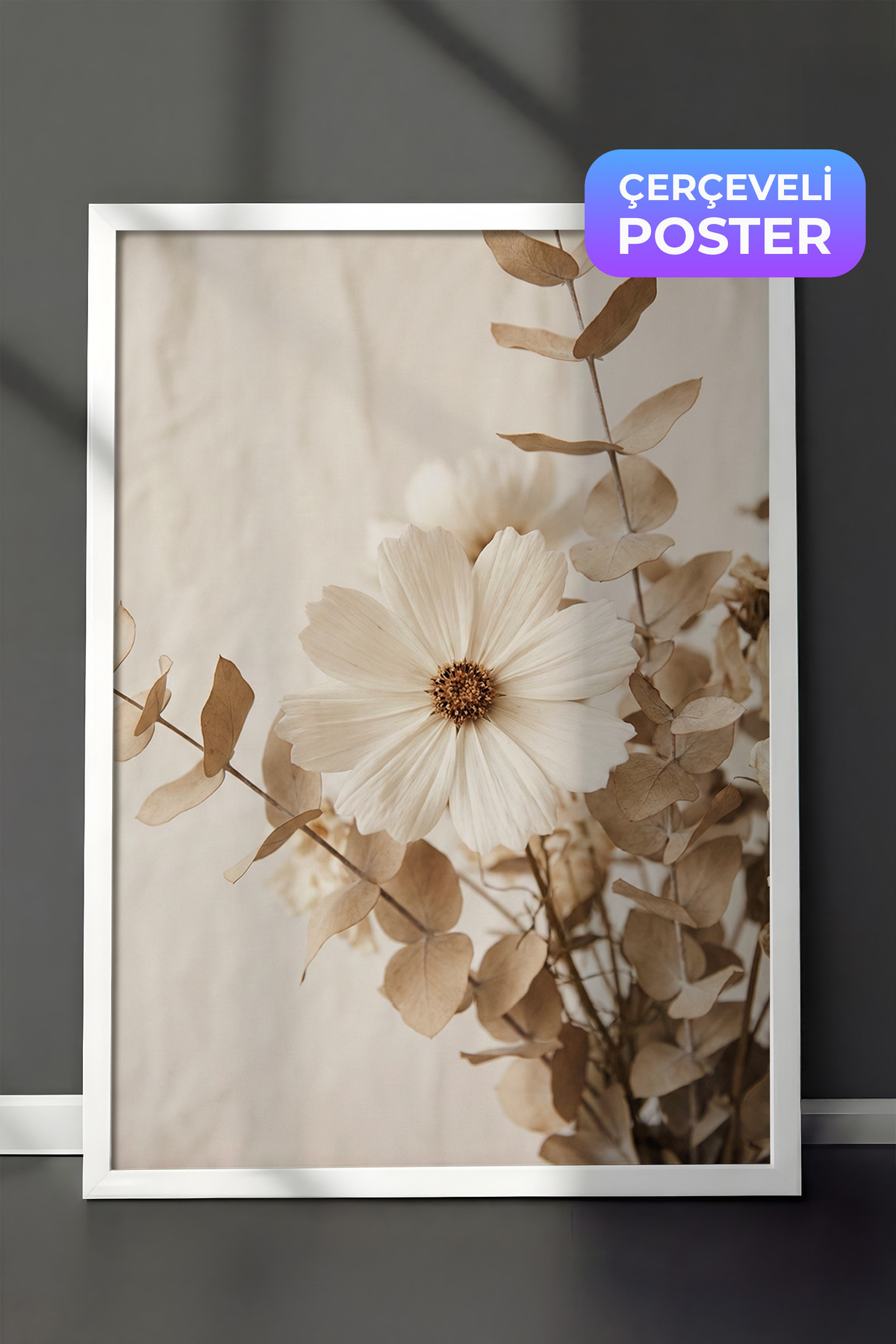 White Framed Wall Table Cream Tone White Flower and Eucalyptus Neutral Botanical Hall Decor