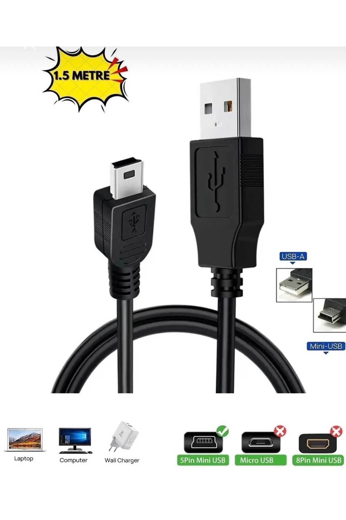 ATAELEKTRONİK Bebevo uyumlu Bebek Kamerası Kare USB Kablo USB 2.0 Kablo Mini B 5 Pin Erkek Type A Erkek 1.5 Metre fotoğrafı 3 (önizleme)