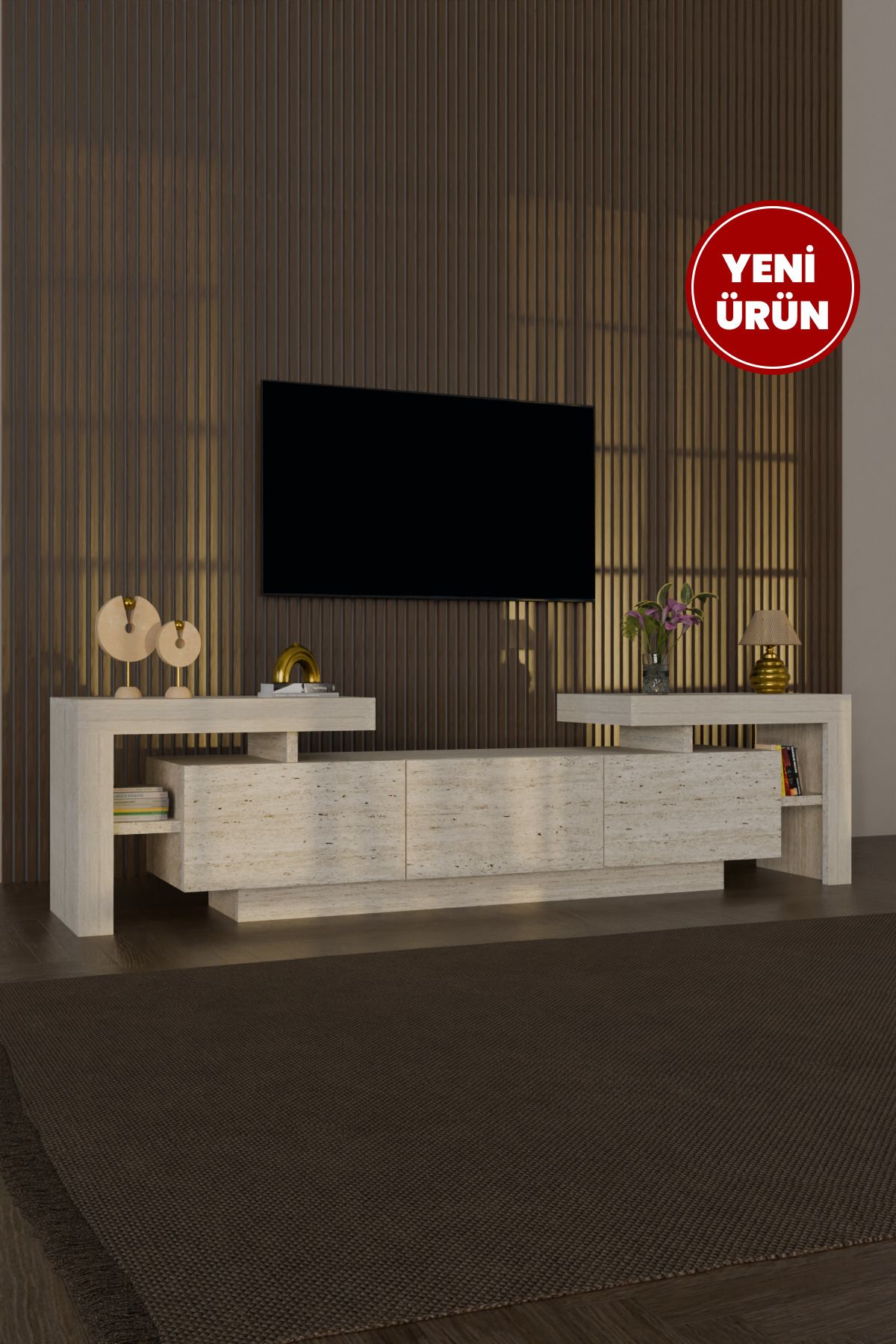 BulForte TV Unit 190cm Modern 3 Lid Flying TV Stand with Shelf Travertine Pattern