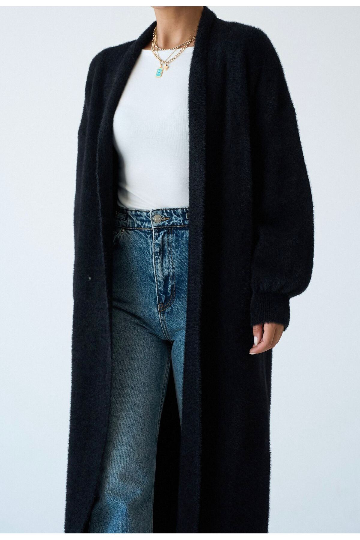 STOREBARS  Kadın Uzun Peluş Triko Hırka - Görsel 2