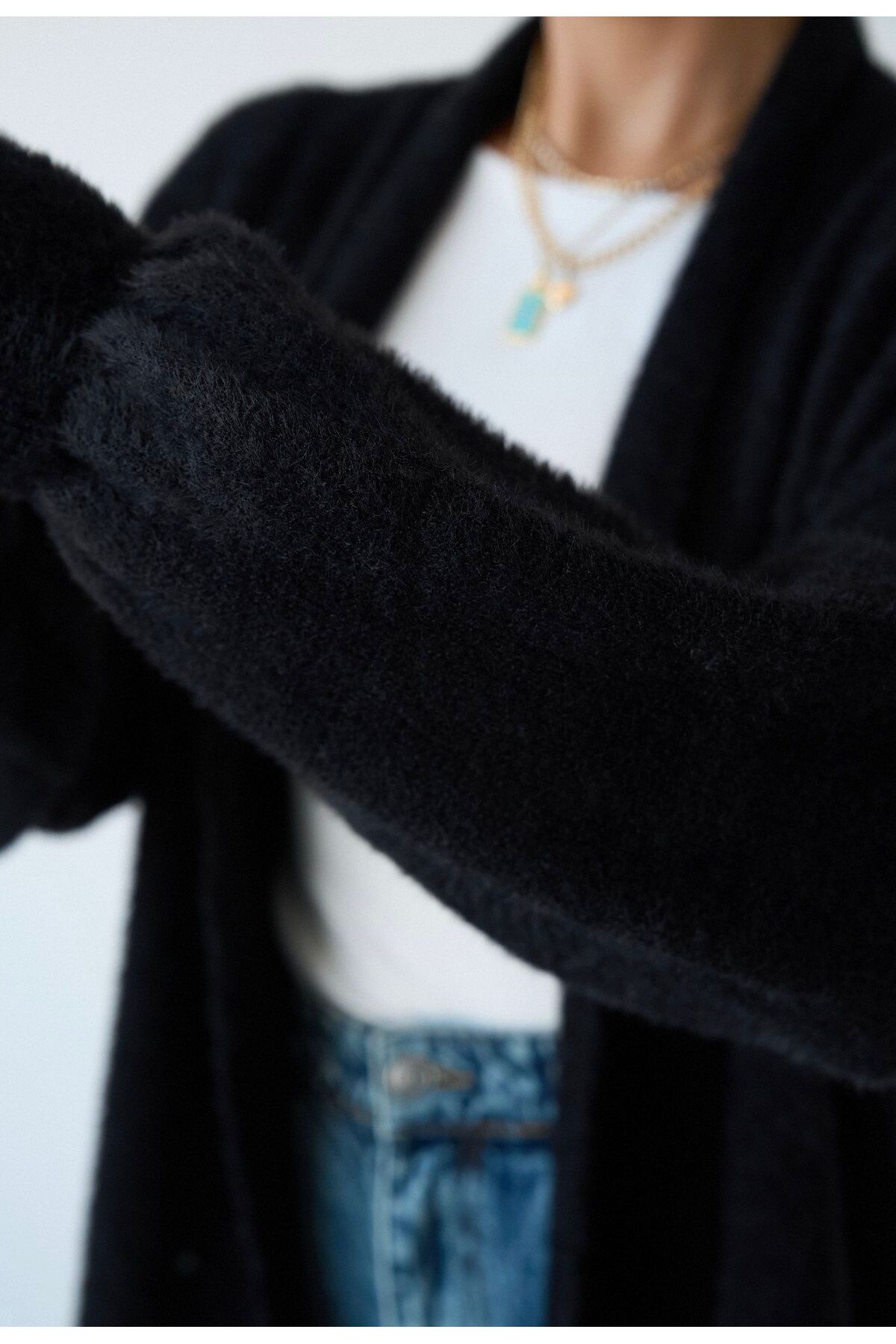 STOREBARS  Kadın Uzun Peluş Triko Hırka - Görsel 3