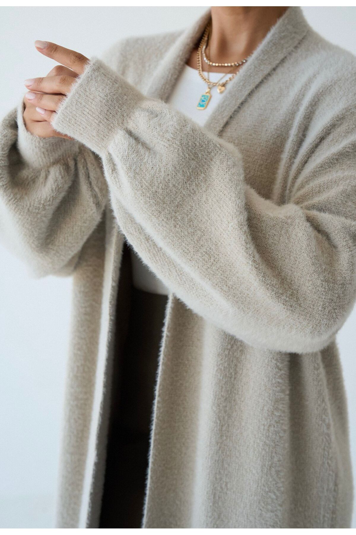 STOREBARS  Kadın Uzun Peluş Triko Hırka - Görsel 8