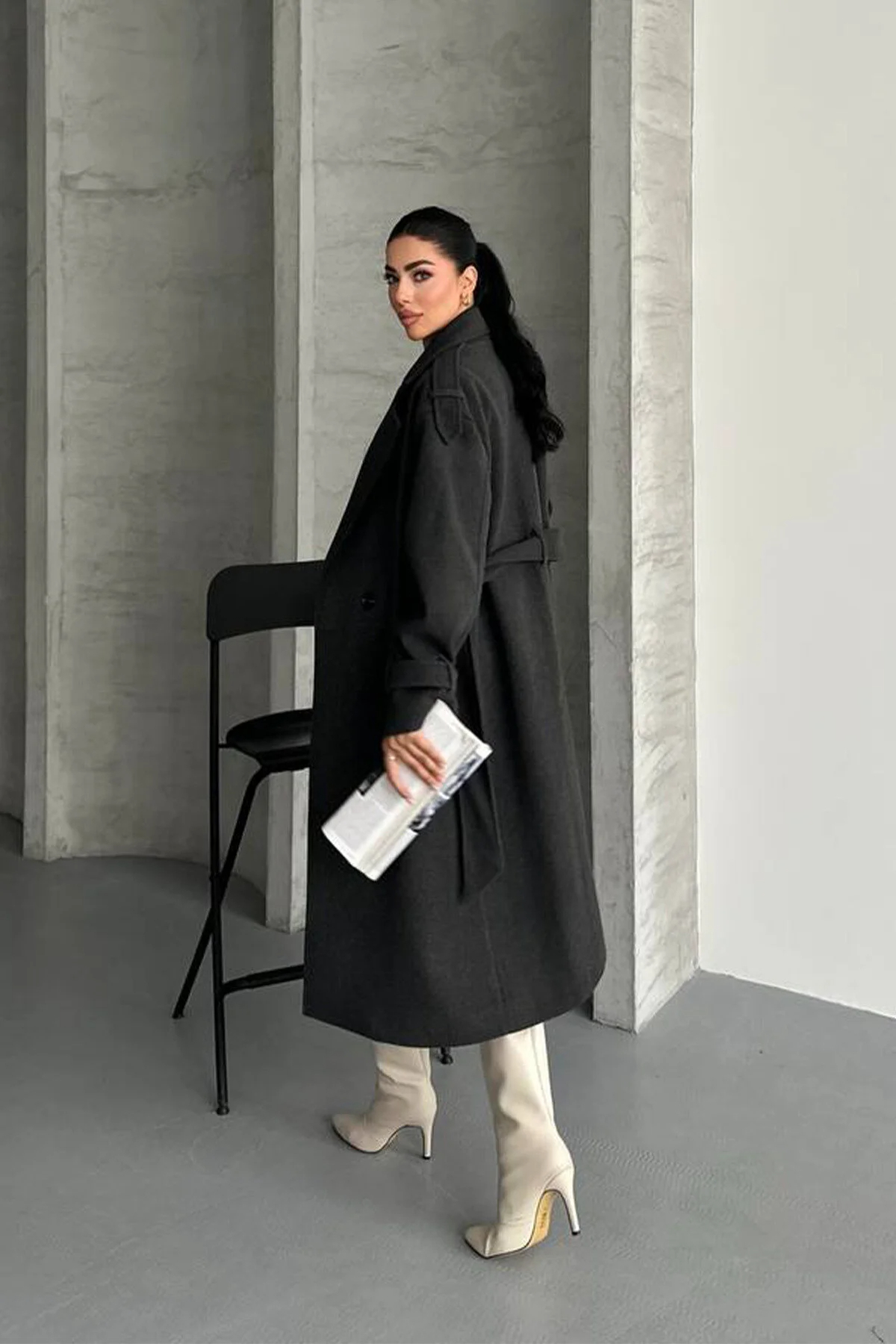 Modayıldızlar  MORENA PREMİUM KADIN APOLETLİ ASTARLI KAŞE KABAN ANTRASİT - Görsel 4