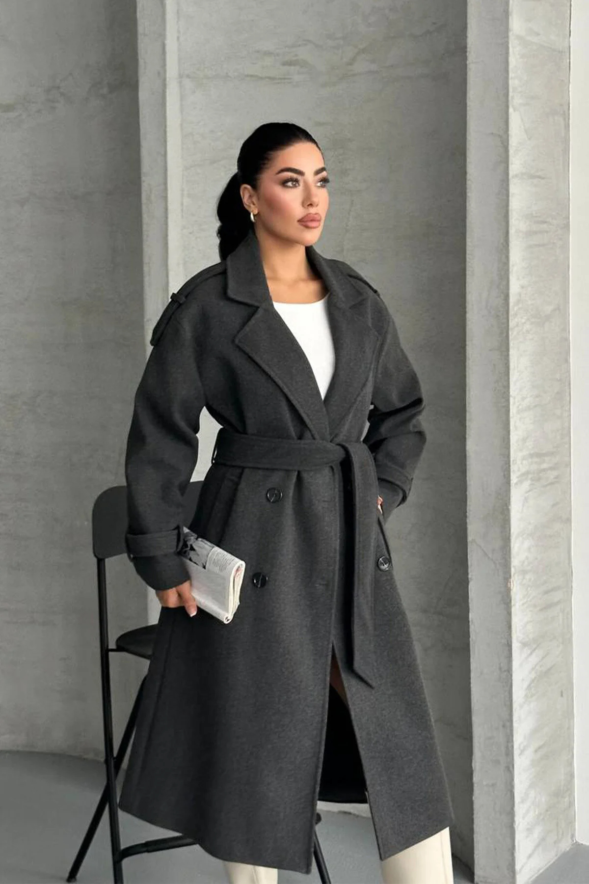 Modayıldızlar  MORENA PREMİUM KADIN APOLETLİ ASTARLI KAŞE KABAN ANTRASİT - Görsel 7