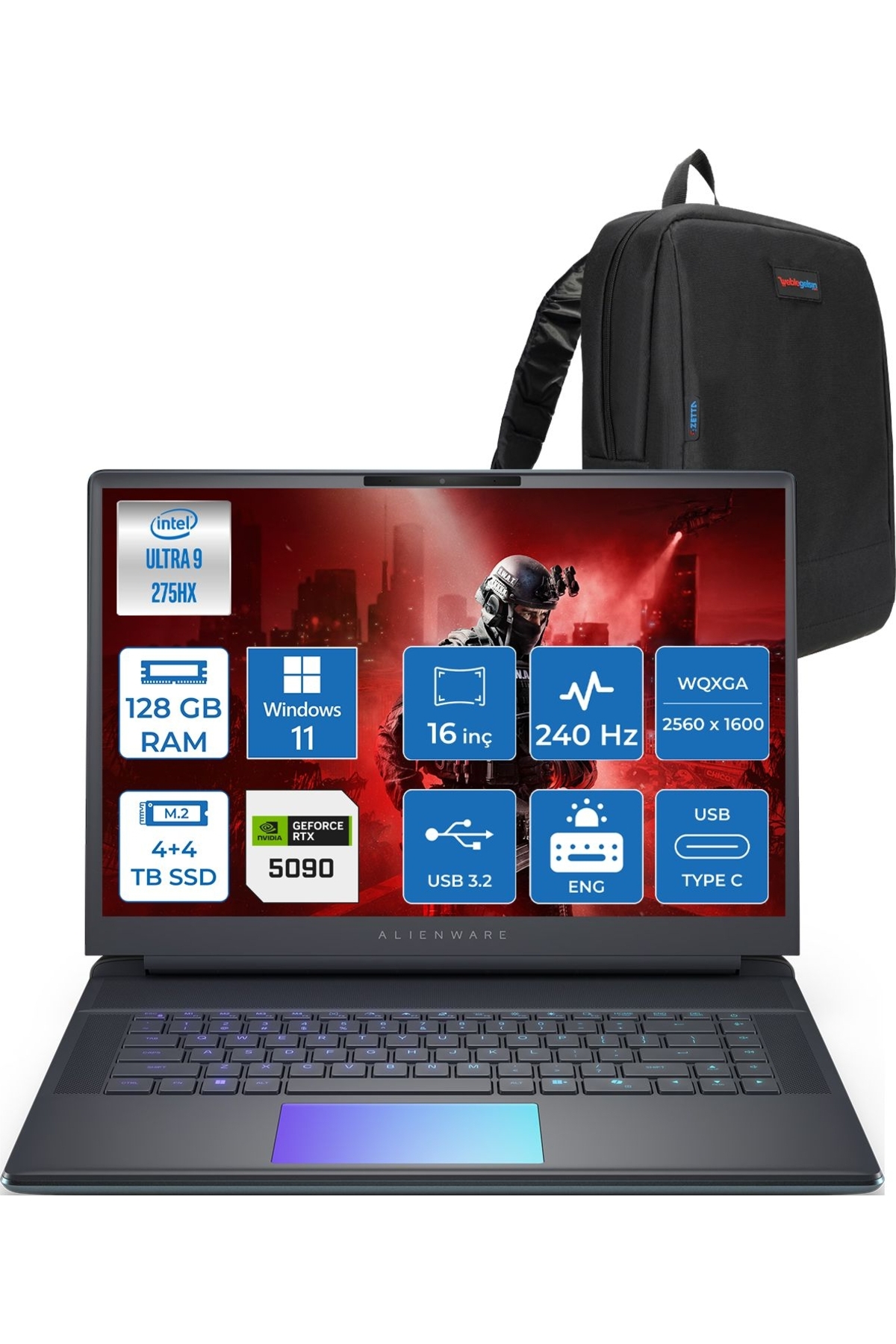 Alienware 16 Ultra 9 275HX 128GB 4TB SSD+4TB SSD 24GB/RTX5090 16inç W11PRO AA1625090P56+ZettaÇanta