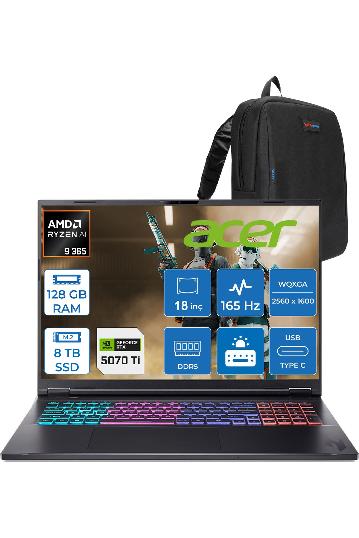Nitro 18 Ryzen 9 365 128GB 8tbSSD 12GB/RTX5070TI 18" Qhd 165Hz FDOS NHQYFEY001F57+Zettaçanta