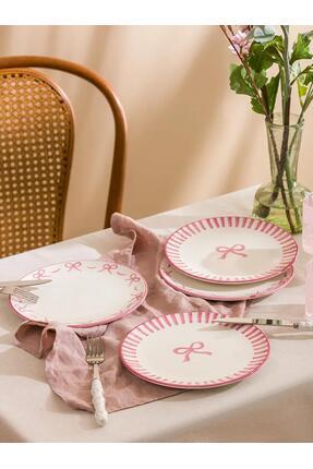 LC Waikiki Pembe Fiyonk Baskılı Seramik Pasta Tabağı 4 lü 21 Cm (S6)