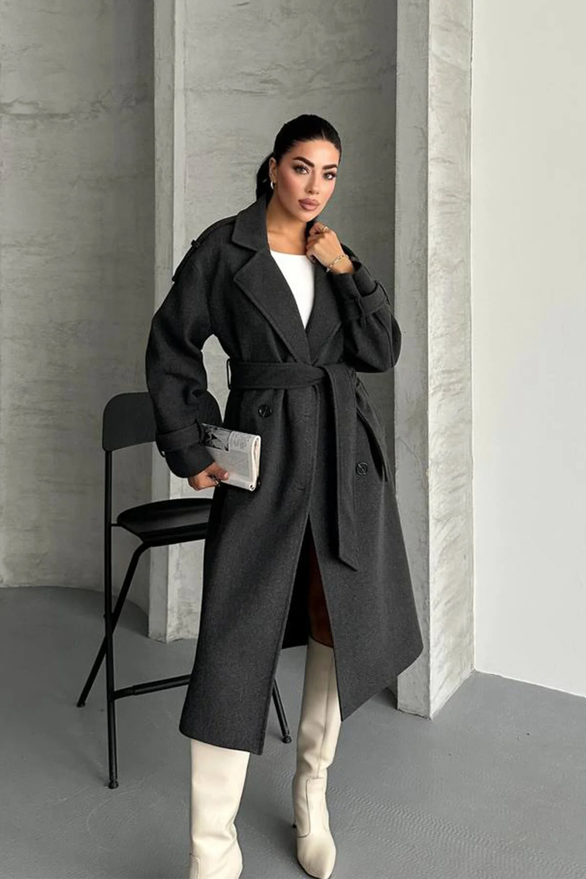 Modayıldızlar  MORENA PREMİUM KADIN APOLETLİ ASTARLI KAŞE KABAN ANTRASİT - Görsel 5