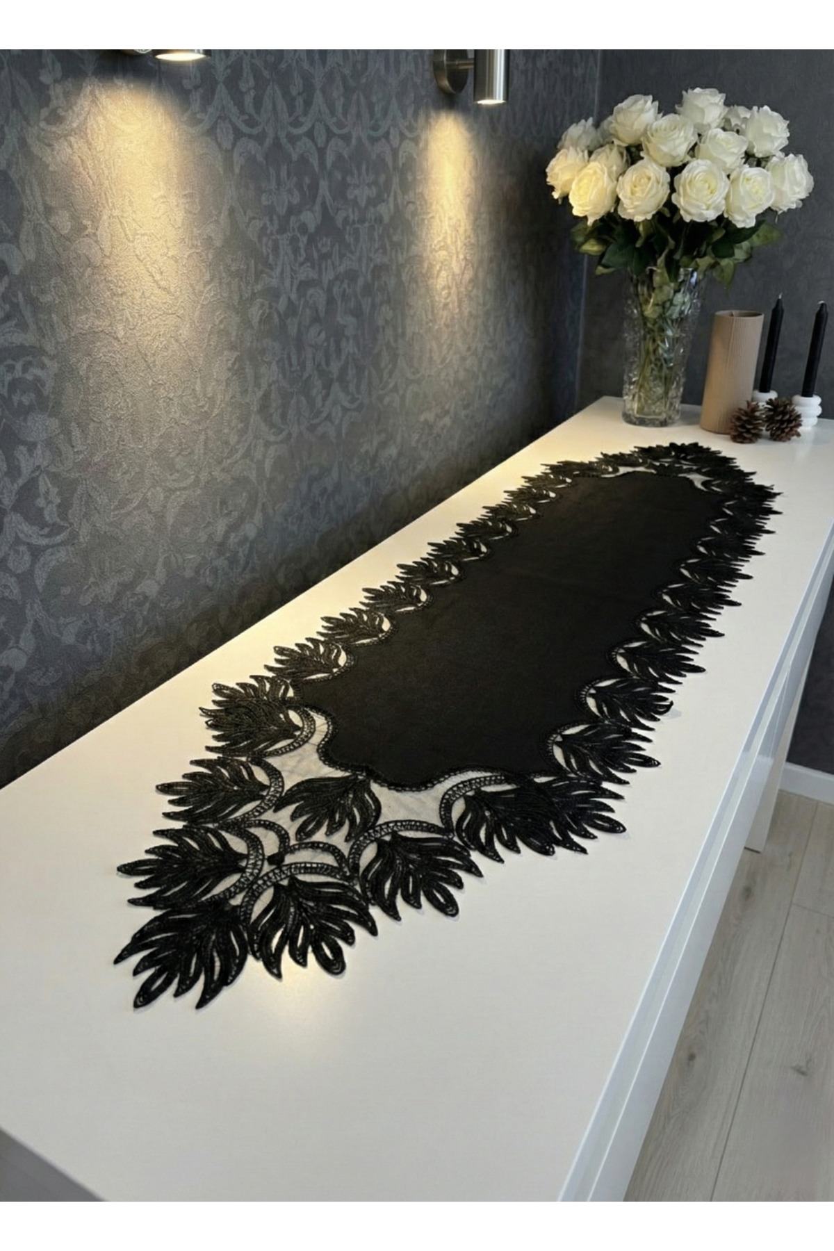 French Lace Melody Model Linen Gardenia Luxury Long Black Runner