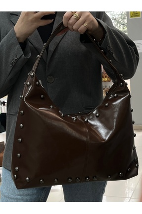 HEDCOLLECTION Kahverengi Zımba Detaylı Omuz Çantası