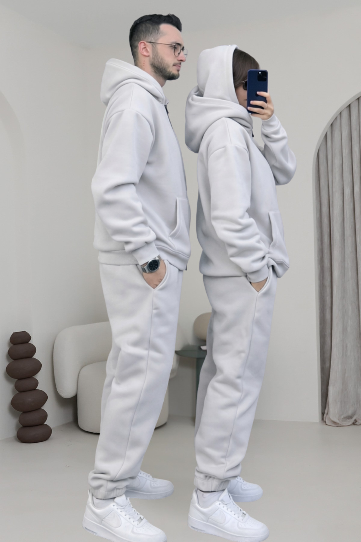 Çiftlere Özel Basic Oversize Kapşonlu Eşofman Takımı — خاکستری hrtkbrn1 — تصویر 2 از 4