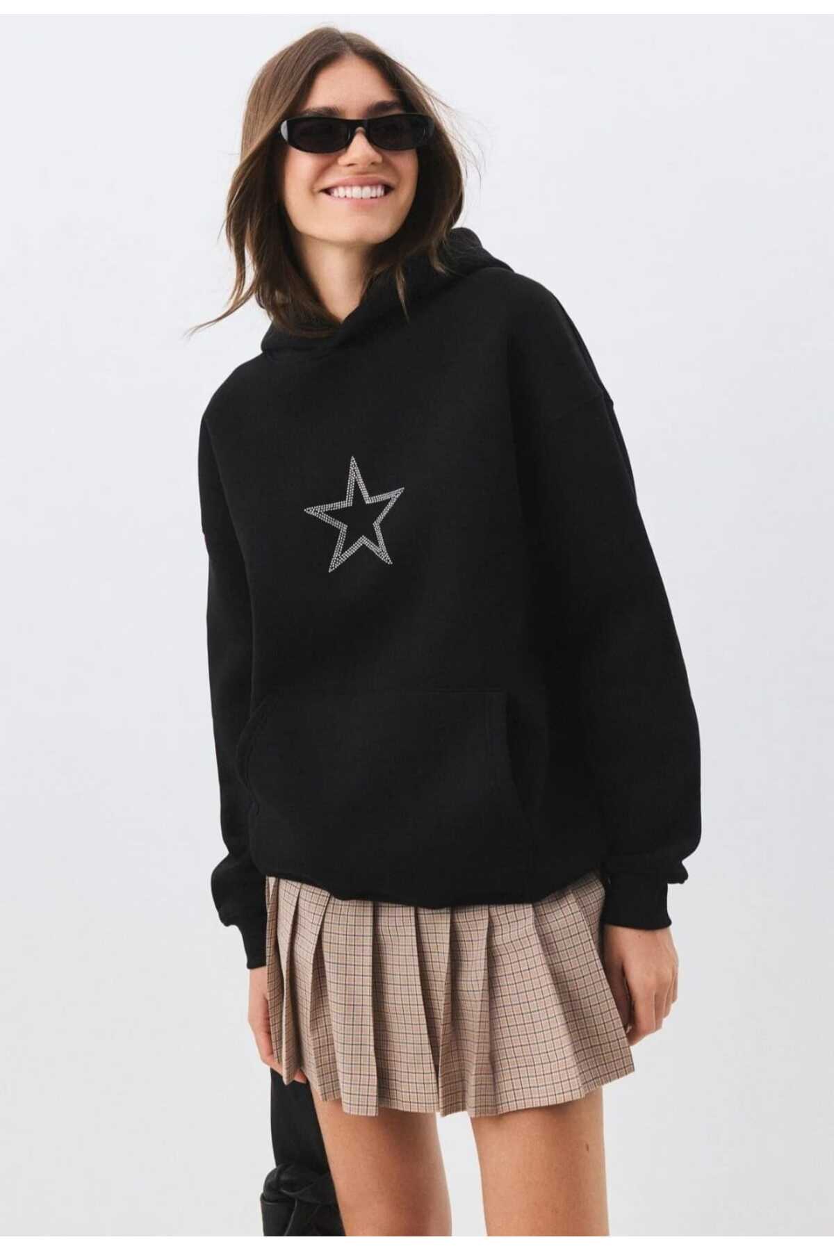 ZEMLİYA Unisex Star Stroke Taş Baskılı Sweatshirt Siyah hoodie oversize battal Geniş Kesim Kapüşonlu görsel 7