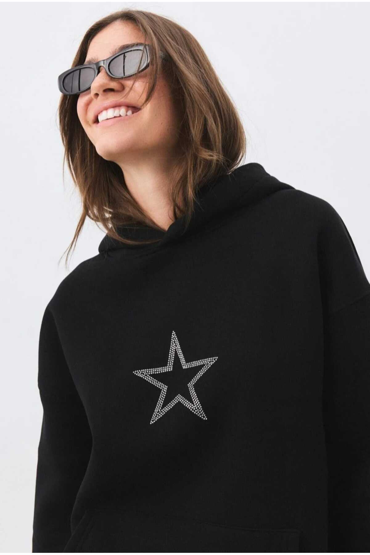 ZEMLİYA Unisex Star Stroke Taş Baskılı Sweatshirt Siyah hoodie oversize battal Geniş Kesim Kapüşonlu görsel 8