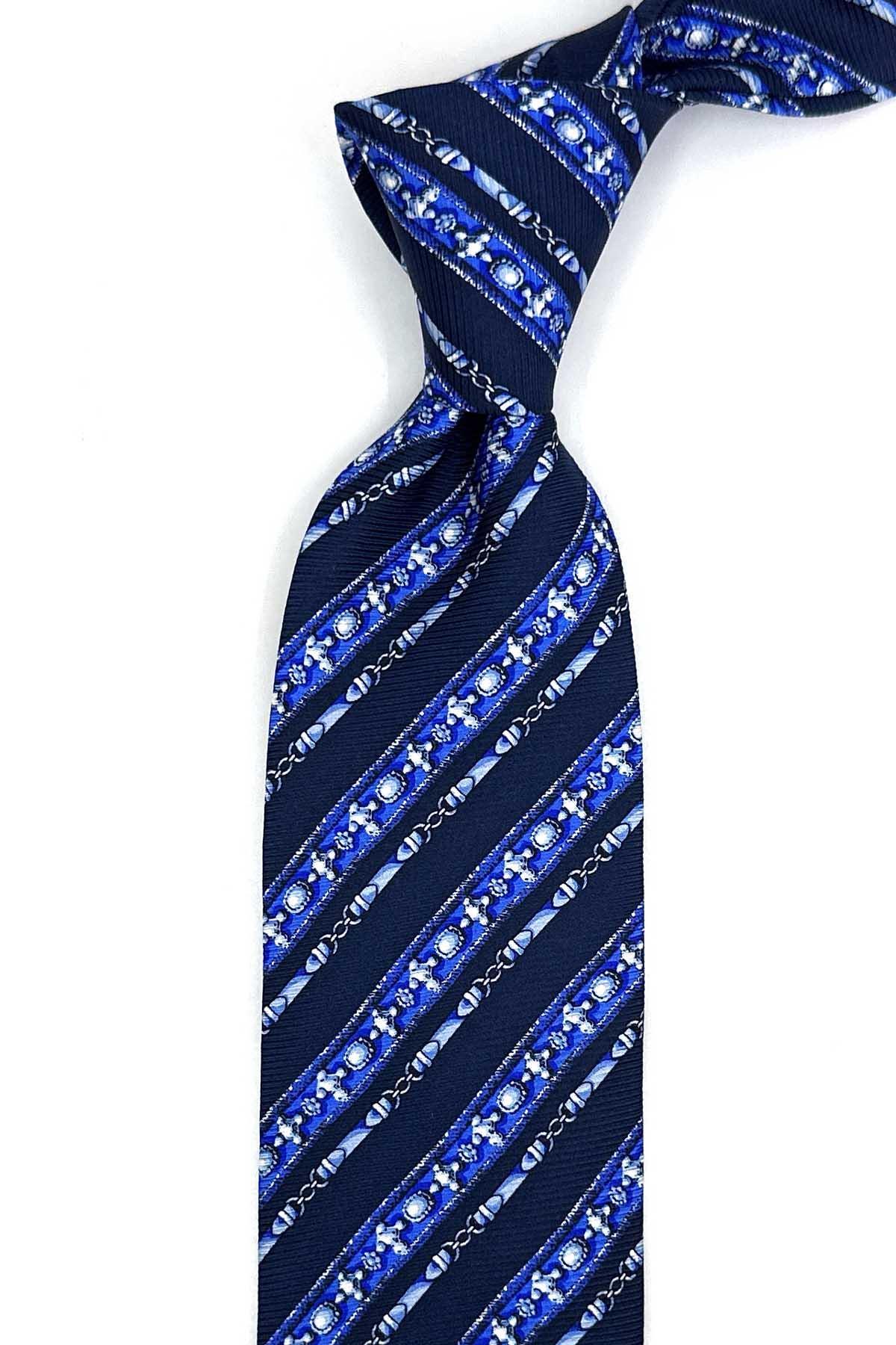  کراوات ابریشمی ایتالیایی راه راه سرمه‌ای مدل Tavolada IK2255