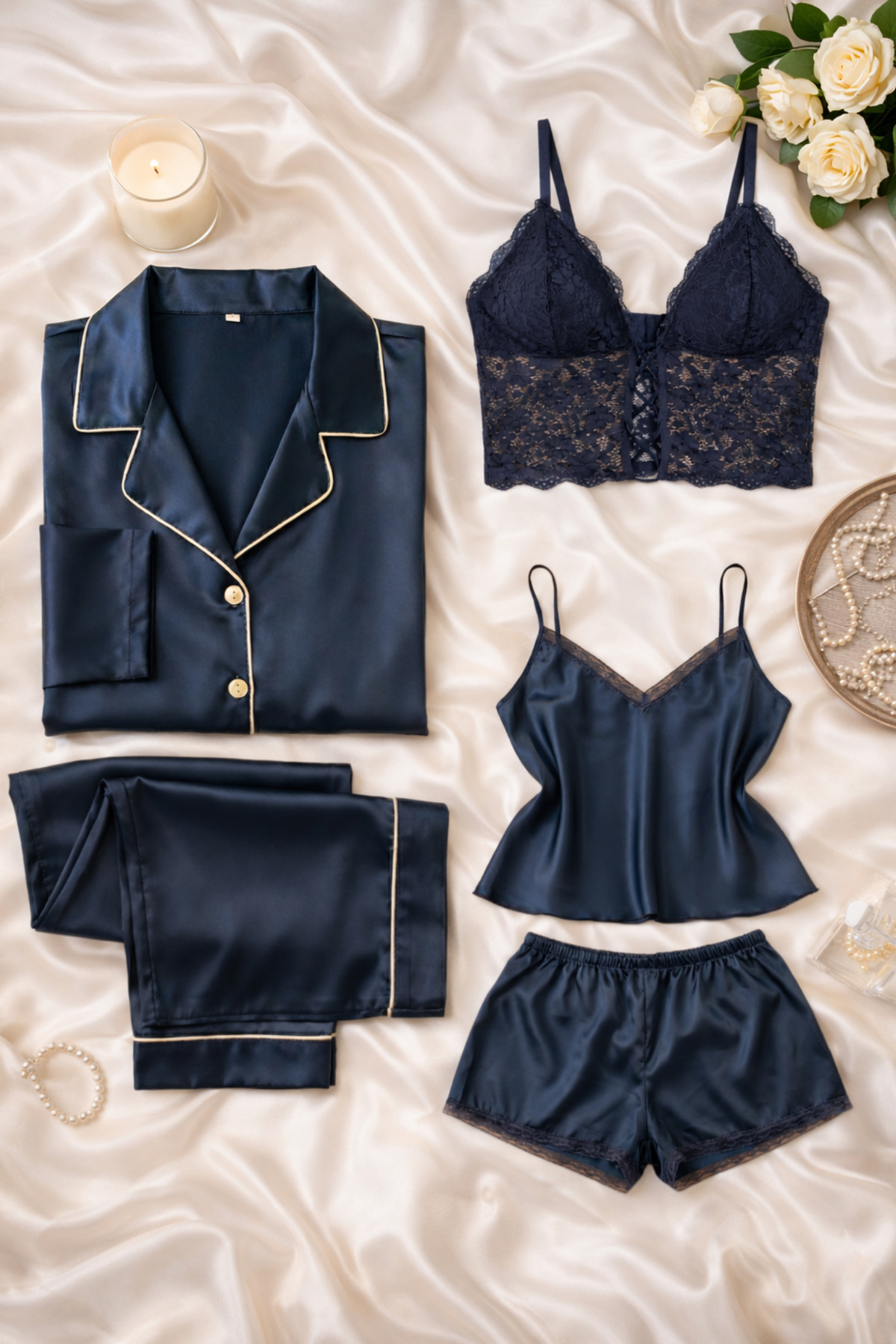 ZENCHES Kadın Saten 5’li Çeyiz Seti Sevgililer Günü Lacivert-Saten Pijama Takımı,Saten Şortlu Takım,Büstiyer