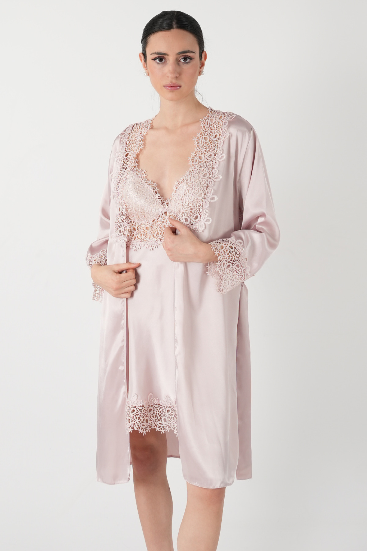 Homay 6’lı Güpür Detaylı Saten Gecelik & Pijama Çeyiz Seti