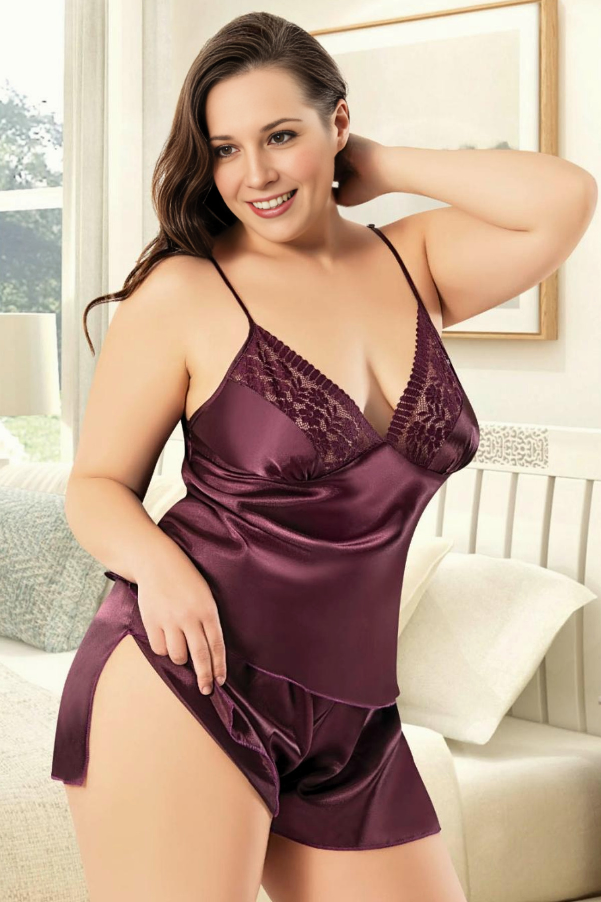 Homay 2'li Büyük Beden Güpürlü V Yakalı Derin Yırtmaçlı Şortlu Saten Pijama Takımı