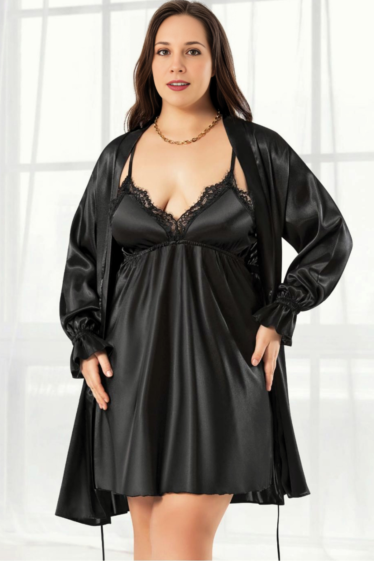 Homay 2'li Büyük Beden Dantel Yakalı Peşli Kol Saten Gecelik ve Sabahlık Takımı