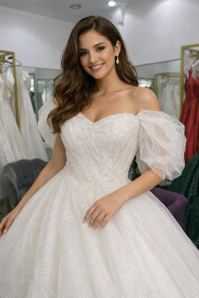 Sibelse Gelinlik Işıltılı Taş Detaylı Straplez Prenses Gelinlik